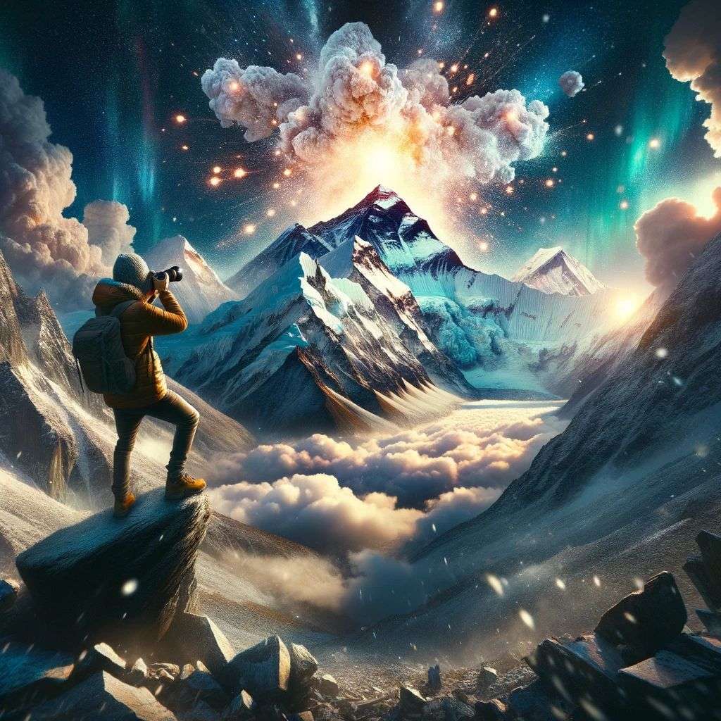 someone gazing at Mount Everest, particle explosion, digital art